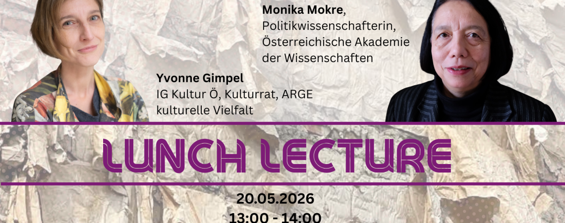 Werbesujet mit Fotos von Yvonne Gimpel und Monika Mokre sowie den Eckdaten der Veranstaltung