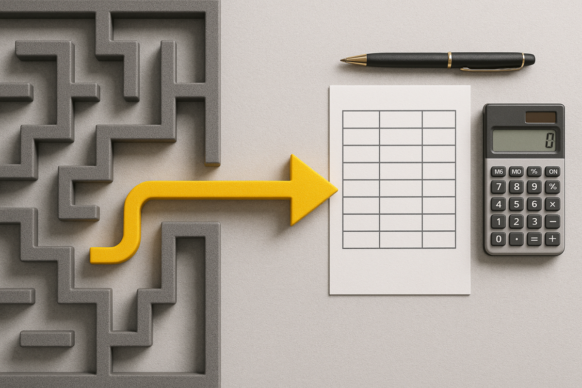 Symbolbild Abrechnung von Förderungen - Irrgarten mit Pfeil zu Tabelle und Taschenrechner 