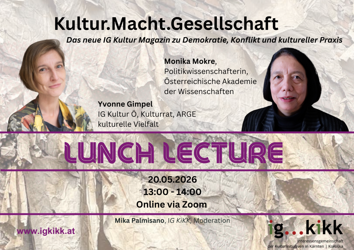 Werbesujet mit Fotos von Yvonne Gimpel und Monika Mokre sowie den Eckdaten der Veranstaltung